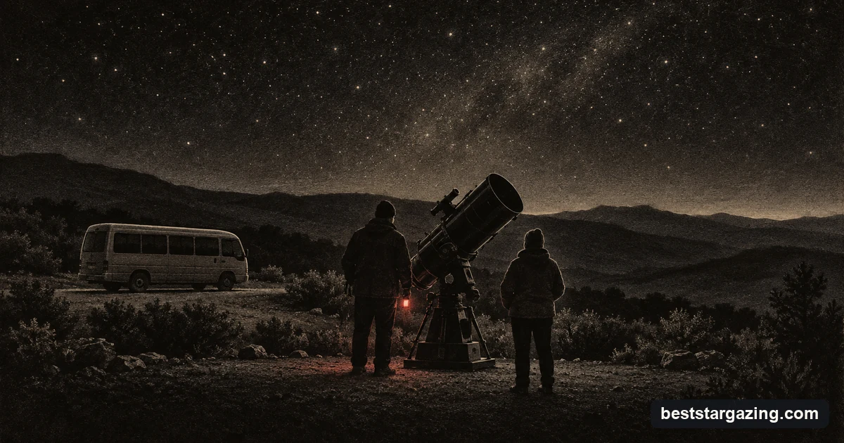 Mezzotint illustration of two stargazers seen from behind at a large telescope, a minibus parked on a gravel track behind