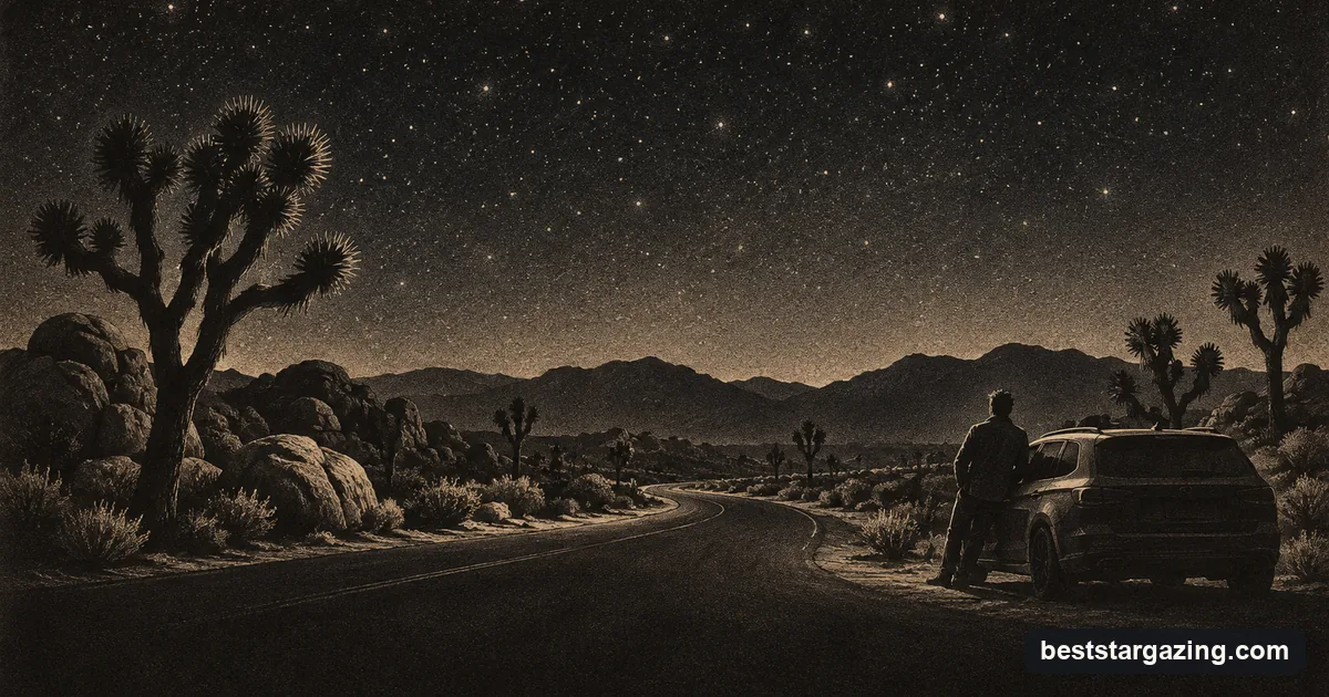 Mezzotint illustration of a desert road among Joshua trees at night, a figure seen from behind beside a parked car