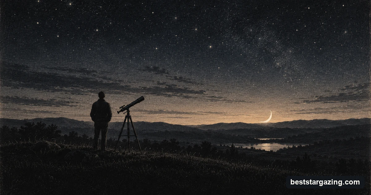 Mezzotint illustration of a stargazer seen from behind beside a telescope on a hillside, a thin crescent moon low over a ridge