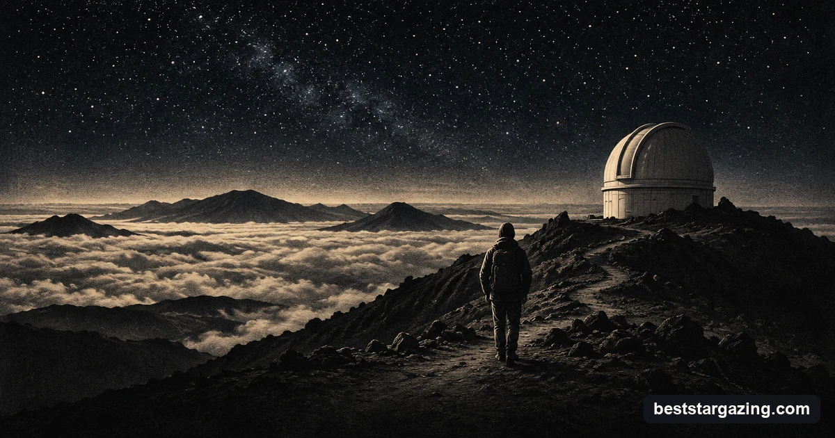 Mezzotint illustration of an observatory dome on a high ridge above a sea of clouds under a starry sky