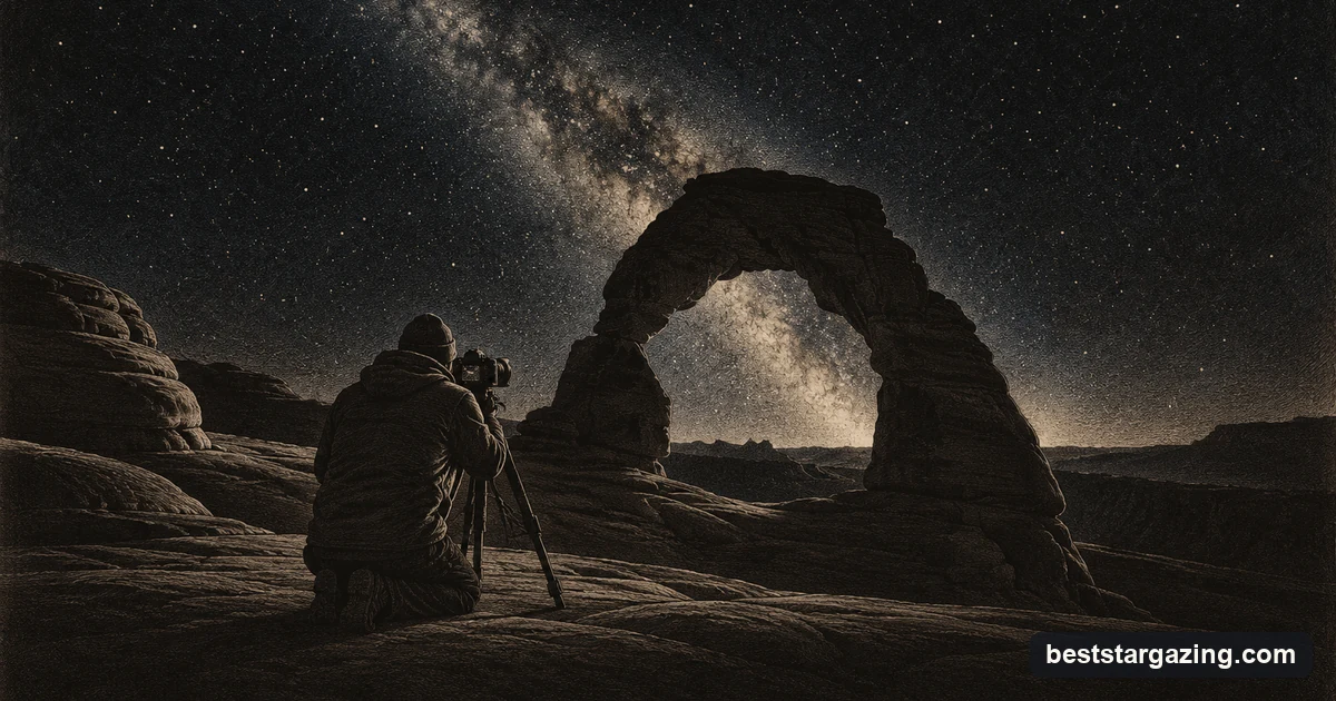 Mezzotint illustration of a camera on a tripod aimed at a sandstone arch with a pale Milky Way band rising behind it