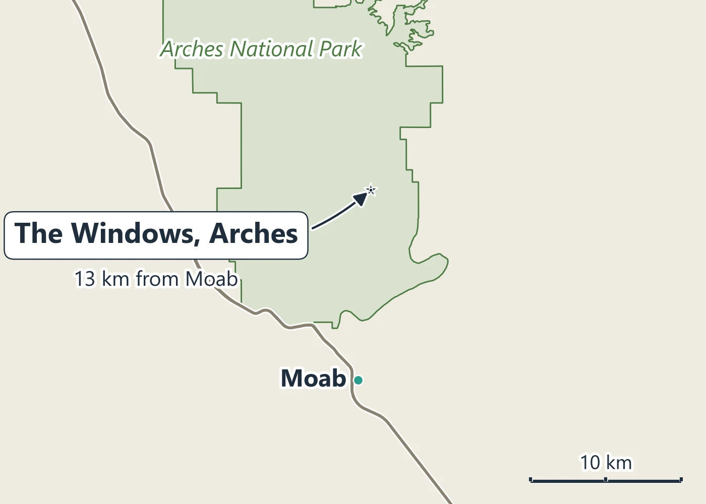 Map from Moab to The Windows in Arches National Park