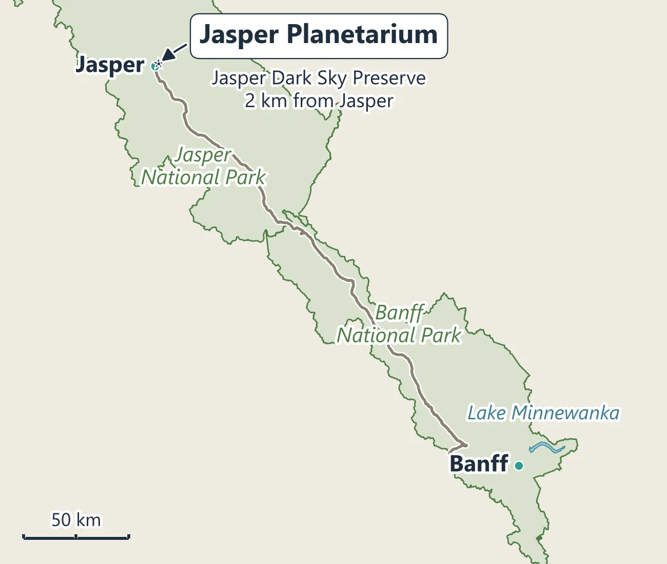 Map of Jasper and Banff national parks with Jasper, the Jasper Planetarium, Banff and Lake Minnewanka