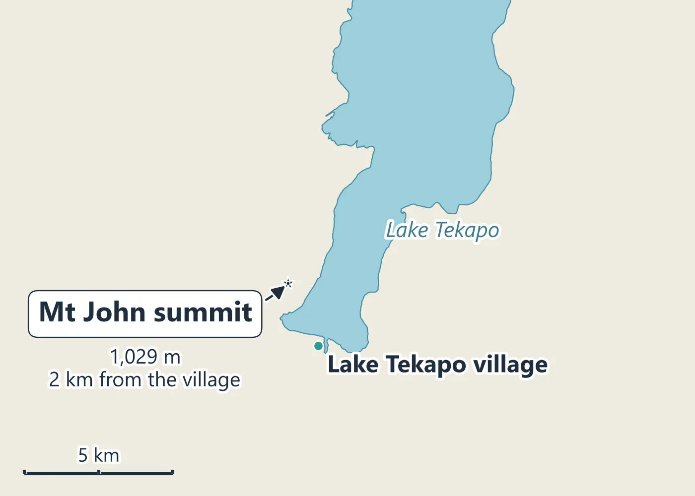 Map of Lake Tekapo village and the Mt John summit above the lake