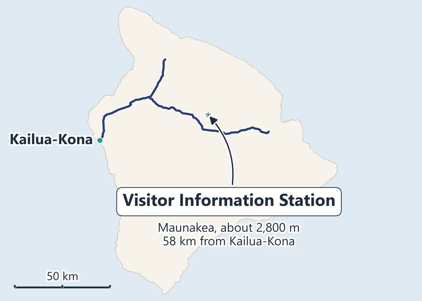 Map of Hawaii's Big Island from Kailua-Kona to the Maunakea Visitor Information Station