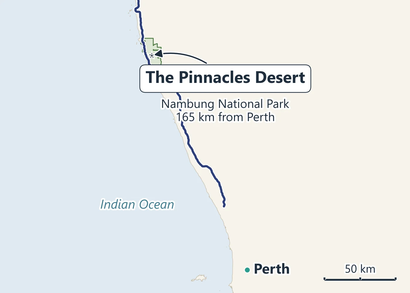 Map of the coast north of Perth to the Pinnacles Desert in Nambung National Park