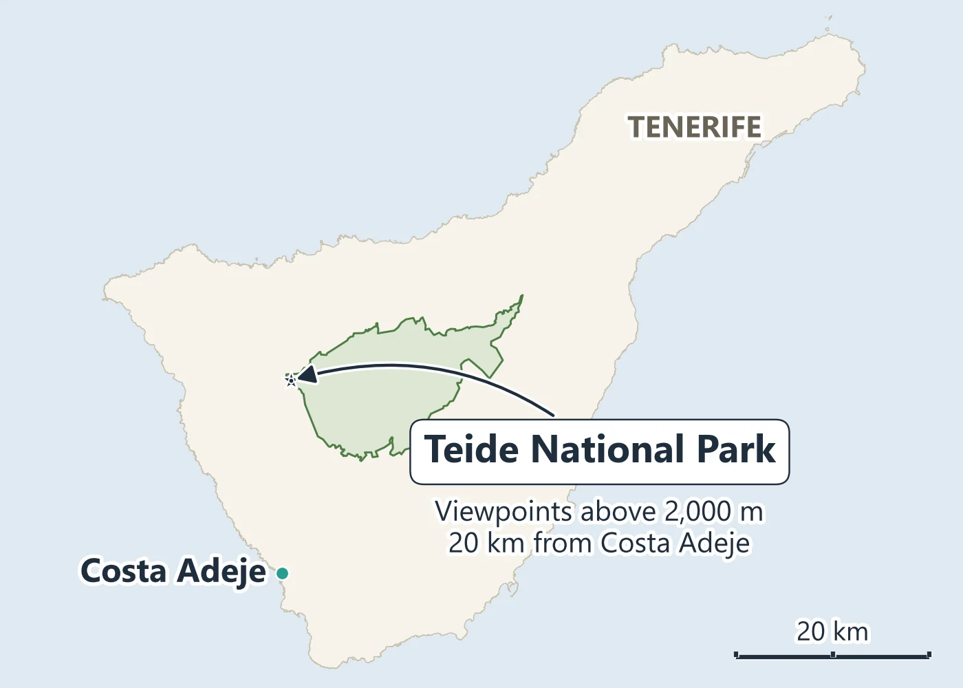 Map of Tenerife from Costa Adeje to the Teide National Park viewpoints where the stargazing tours stop