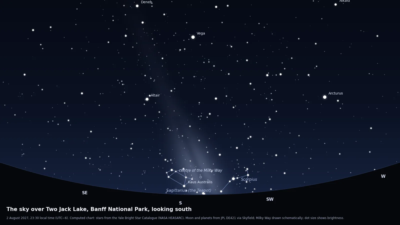 Computed star chart of the sky from Two Jack Lake in Banff National Park on 2 August 2027 at 23:30, looking south