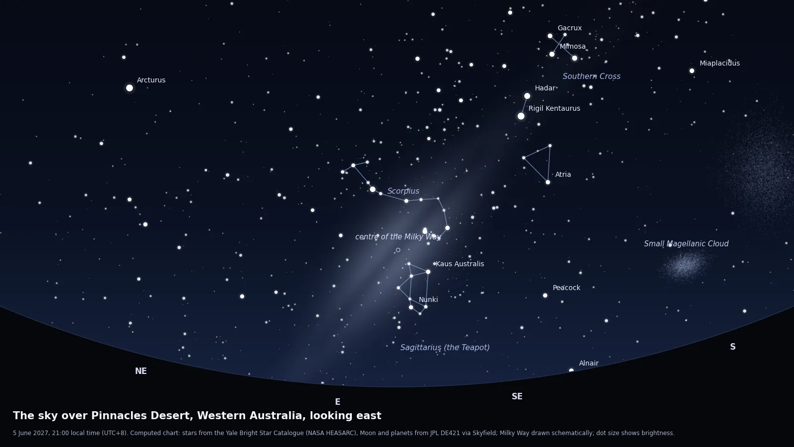 Computed star chart of the sky from the Pinnacles Desert on 5 June 2027 at 21:00, looking east