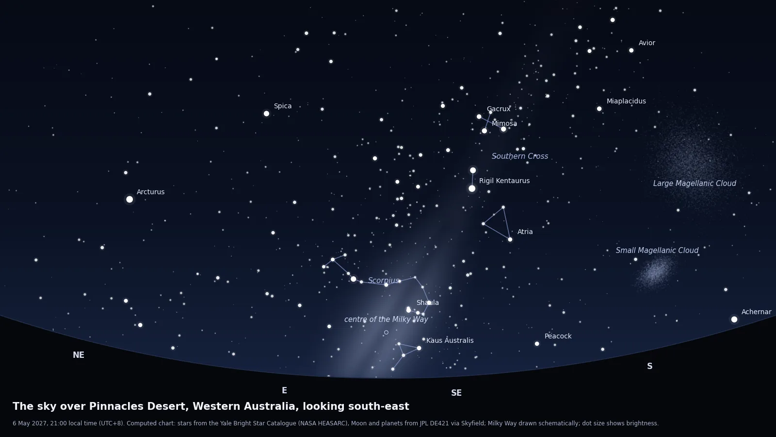 Computed star chart of the sky from the Pinnacles Desert on 6 May 2027 at 21:00, looking south-east