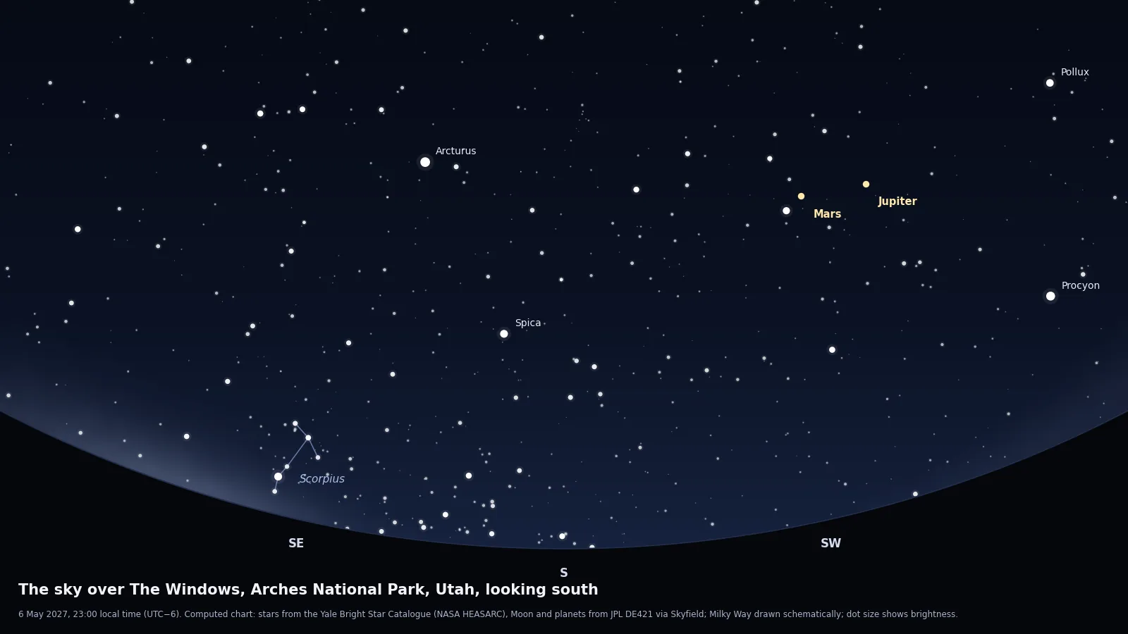 Computed star chart of the sky from the Windows in Arches National Park on 6 May 2027 at 23:00, looking south