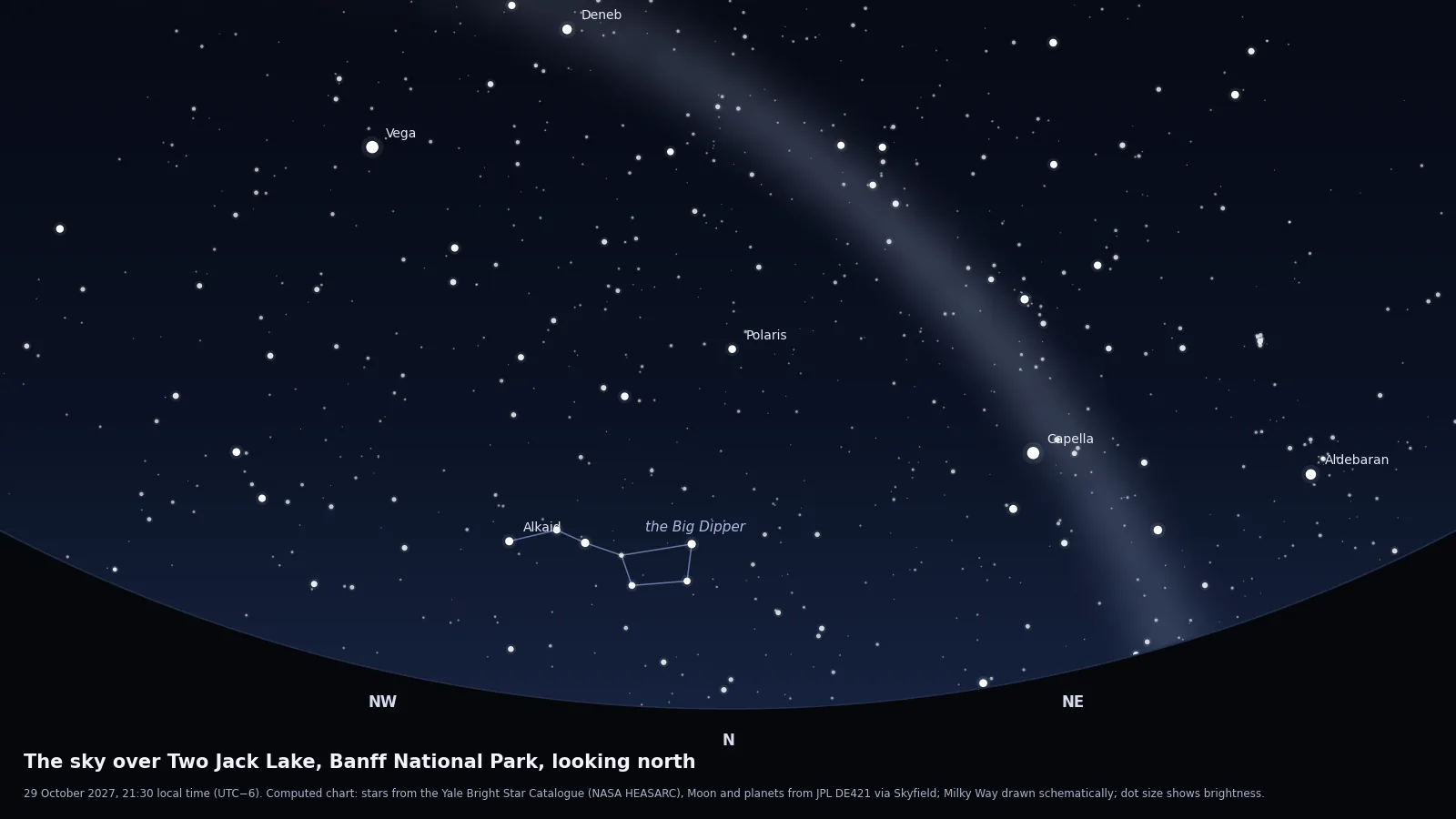 Computed star chart of the sky from Two Jack Lake in Banff National Park on 29 October 2027 at 21:30, looking north