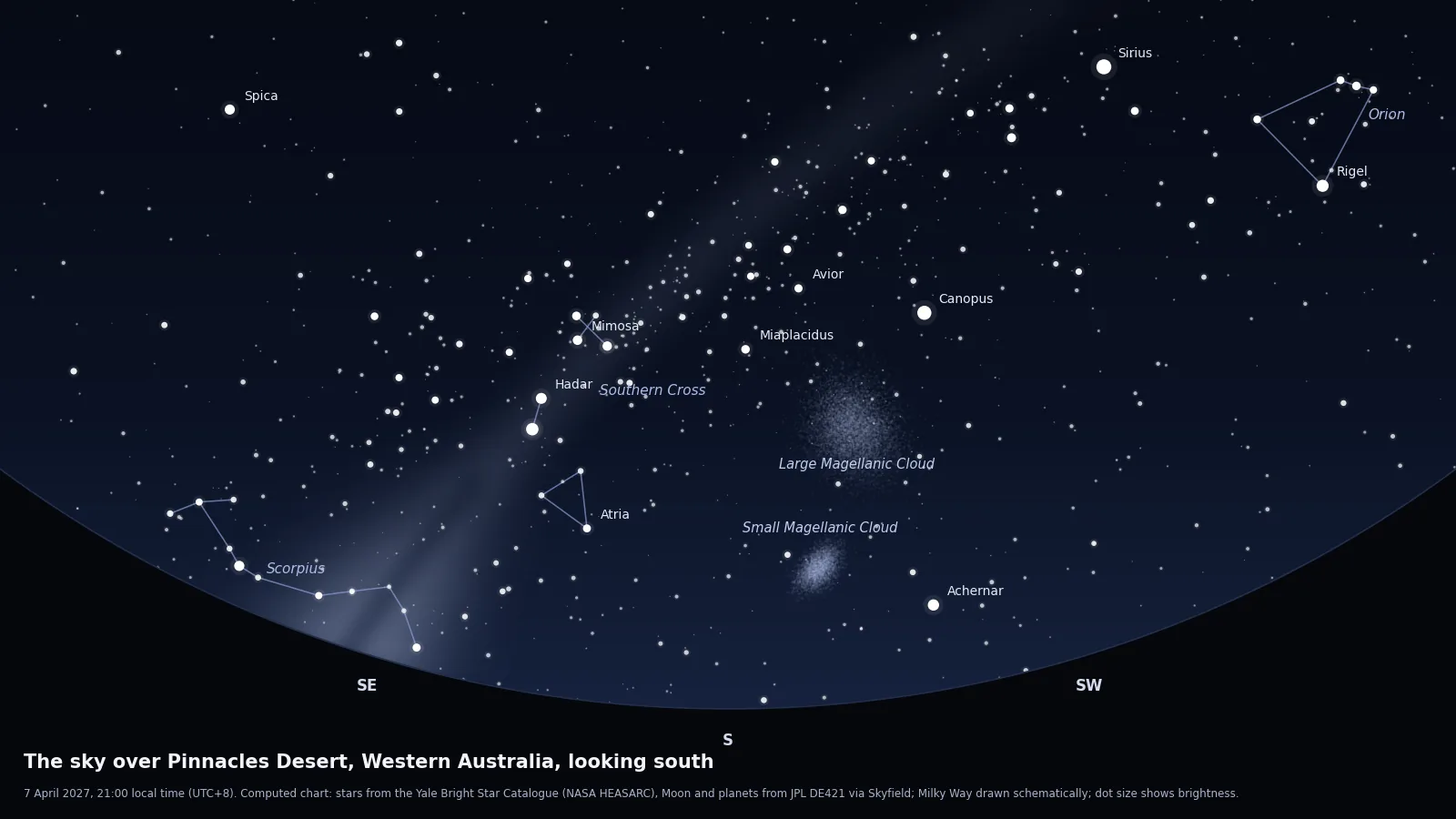 Computed star chart of the sky from the Pinnacles Desert on 7 April 2027 at 21:00, looking south