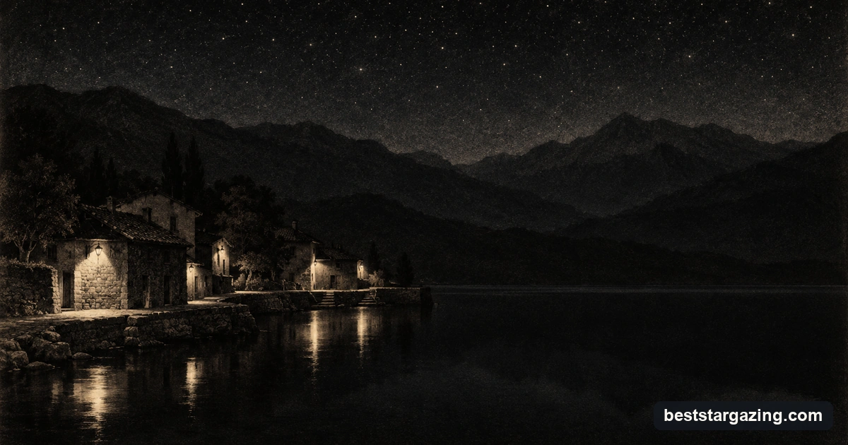 Mezzotint illustration of a lakeside village with shielded, downward-facing lamps under a starry sky
