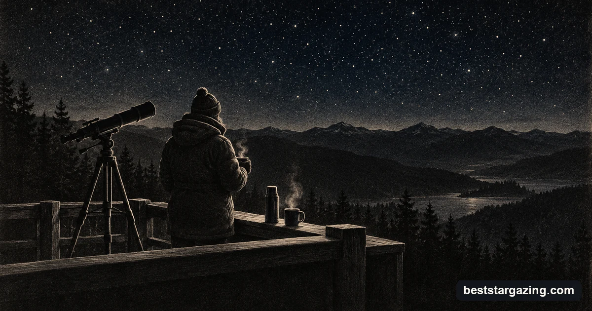 Mezzotint illustration of a stargazer in a parka, hat and gloves on an observing deck, with a thermos and mugs on the rail